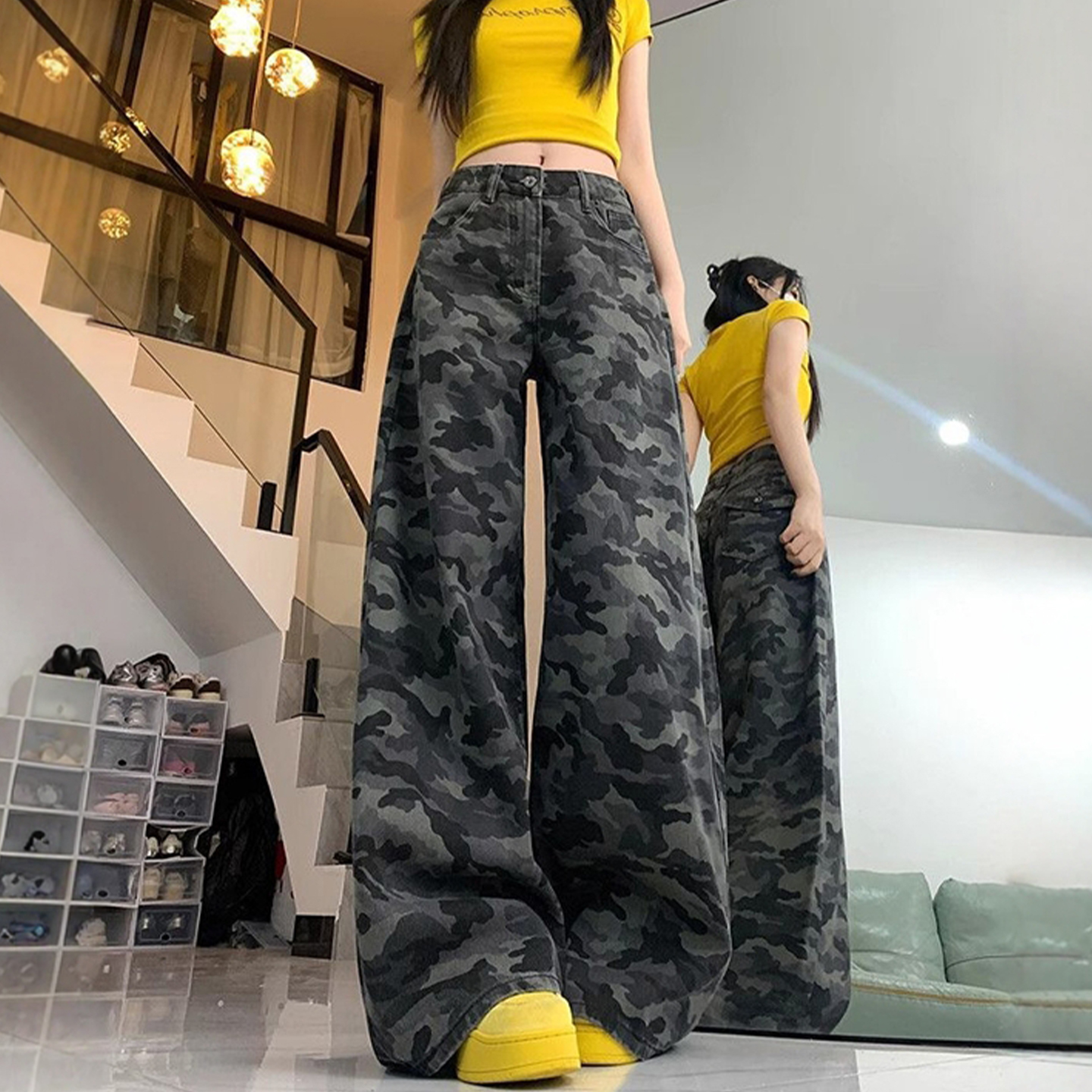 特大码胖mm迷彩色高街辣妹风直筒牛仔裤女夏季梨型遮胯显瘦长裤子