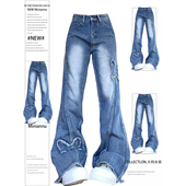 女装 小个子显瘦牛仔裤 女胖mm美式 300斤特大码 ins蝴蝶刺绣微喇裤 子