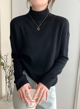 大码胖mm黑色显瘦针织打底衫毛衣女冬季保暖半高领设计感加厚上衣