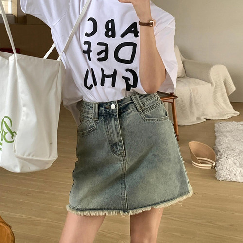 大码女装复古辣妹高腰a字牛仔裙