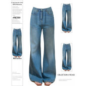 阔腿宽松高腰不贴腿显瘦裤 穿搭蓝色牛仔裤 子女 胖mm美式 300斤大码