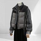 大码 女装 灰色羊羔毛拼接保暖羽绒棉服女胖mm立领加厚高级感外套潮