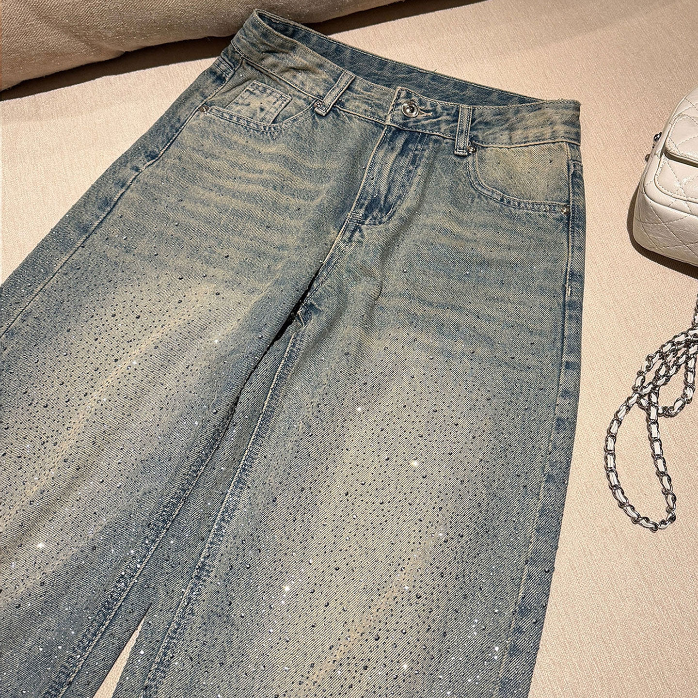 300斤特大码胖mm美式穿搭蓝色满钻牛仔裤女高腰显瘦垂感直筒裤子,女装/女士精品,大码裤装,淘宝优惠券,粉丝福利购,淘宝优惠卷