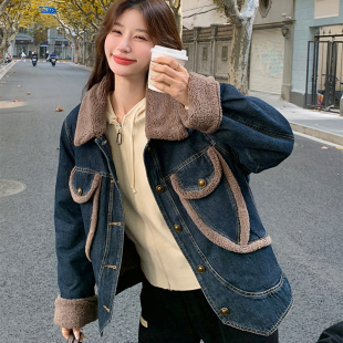 羊羔毛保暖夹克深蓝色棉袄 胖mm加绒牛仔外套女冬季 300斤大码 女装