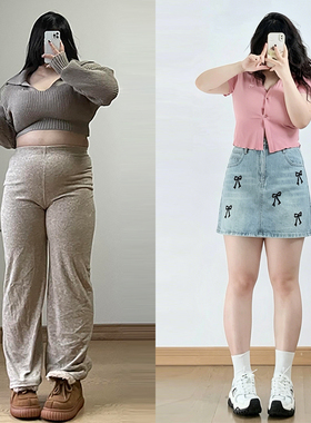 胖mm大码女装蝴蝶结刺绣蓝色牛仔半身裙女夏季包臀高腰a字短裙子