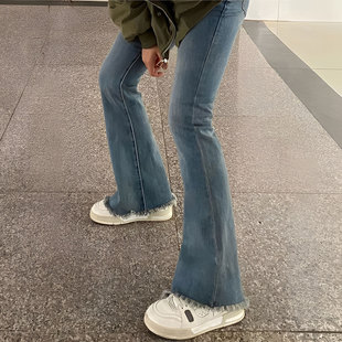 高街弹力裤 小个子辣妹风美式 子女 蓝色微喇牛仔裤 300斤胖mm特大码