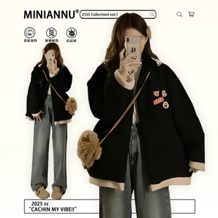 胖mm美式 黑色保暖羊羔毛棉服女秋冬新款 慵懒风气质厚外套 女装 大码