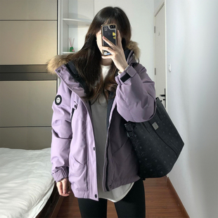 棉服女胖mm高级感显瘦不臃肿棉衣 紫色加厚保暖工装 300斤大码 女装