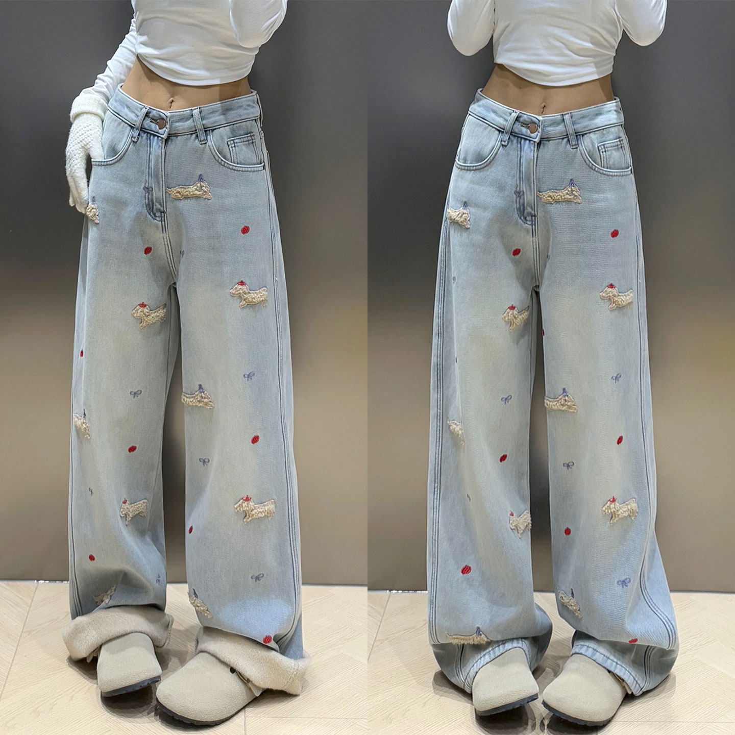 特大码女装胖mm蓝色加绒牛仔裤女冬季学院风卡通刺绣加厚阔腿裤子,女装/女士精品,大码裤装,淘宝优惠券,粉丝福利购,淘宝优惠卷