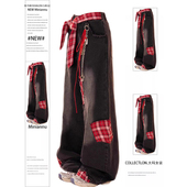 大码 女胖mm高腰设计感绑带不规则长裤 女装 黑色格子贴布拼接牛仔裤