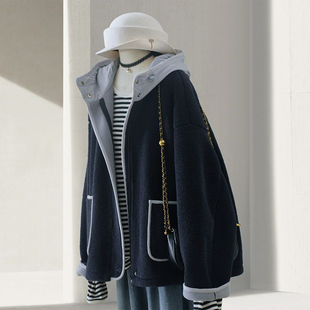 300斤大码 设计感拼色夹棉棉服女胖mm学院风加厚保暖连帽外套 女装