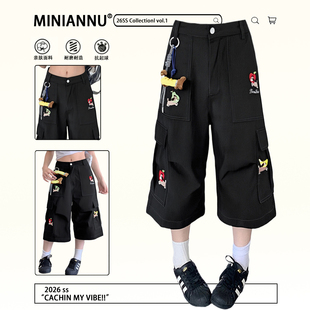 七分裤 胖mm大码 女学院风卡通刺绣工装 黑色高腰阔腿牛仔短裤 子 女装