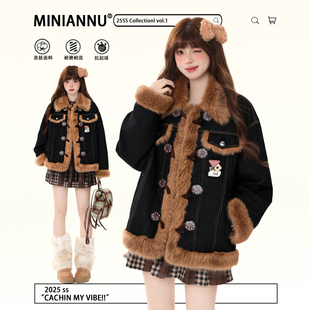 宽松设计感保暖牛仔外套 胖mm黑色加厚毛领棉服女秋冬新款 大码 女装