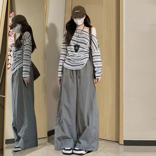 学生简约百搭设计感上衣 t恤女秋季 胖mm特大码 条纹拼接一字领长袖