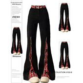 女复古高街辣妹风喇叭长裤 300斤胖mm大码 格纹拼接拉链微喇牛仔裤