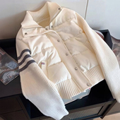 大码 女装 胖mm韩系针织拼接棉服外套女胖mm休闲百搭慵懒风立领上衣