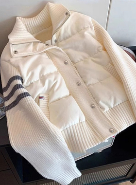 大码女装胖mm韩系针织拼接棉服外套女胖mm休闲百搭慵懒风立领上衣