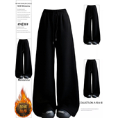 女装 黑色加绒加厚阔腿裤 女胖mm美式 300斤特大码 慵懒风直筒休闲裤