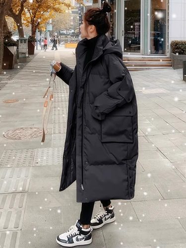 胖mm大码女装中长款加厚黑色棉服