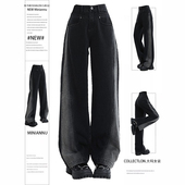 300斤大码 子 宽松显瘦撞色设计感阔腿裤 胖mm渐变黑色牛仔裤 女美式