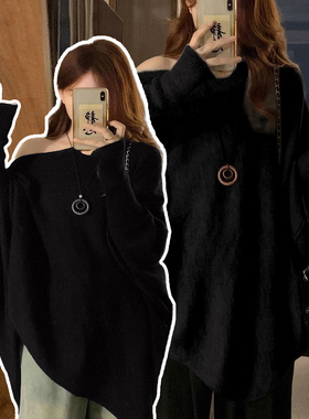 胖mm大码女装黑色慵懒风斜肩针织衫女春季简约风遮肉显瘦气质上衣