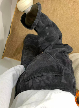 300斤大码女装黑灰色复古弯刀牛仔裤女胖mm高腰显瘦加绒阔腿裤子