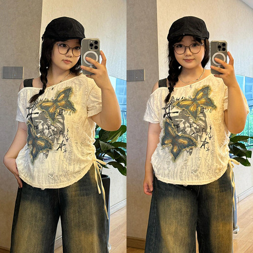 胖mm大码女装初夏穿搭斜肩t恤女