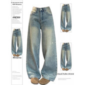 胖mm宽松显瘦阔腿长裤 特大码 子 穿搭蓝色带钻牛仔裤 女新款 女装 美式