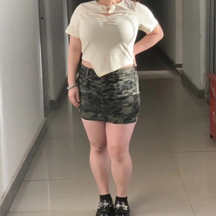 特大码美式工装迷彩牛仔半身裙子胖妹妹夏辣妹风高腰显瘦a字短裙