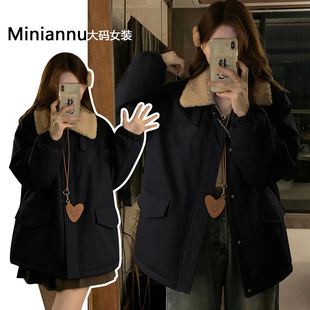 显瘦加厚保暖棉服 胖mm学院风羊羔毛拼接外套女冬季 300斤大码 女装