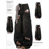 胖mm美式 豹纹kt猫高街风牛仔裤 女黑色遮胯显瘦直筒工装 特大码 裤 子