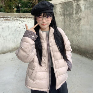 胖mm特大码 学院风粉色立领羽绒棉服女秋冬洋气减龄时髦厚外套 女装