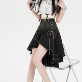大码 女装 复古黑色不规则设计牛仔半身裙女胖mm高腰荷叶边a字裙子