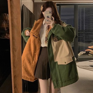 棉服女可爱撞色加厚棉衣外套女 高级感双面穿加绒工装 胖mm大码 女装