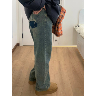 女大码 子显瘦阔腿裤 女装 裤 新款 胖mm小众设计感磨破高腰直筒牛仔裤