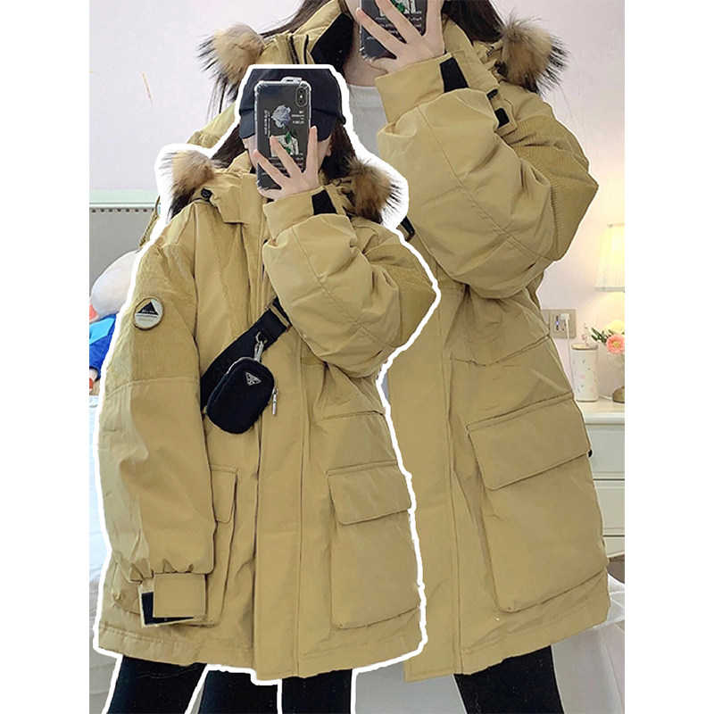 300斤特大码女装连帽工装派克服秋冬胖mm加厚保暖黄色棉服外套女