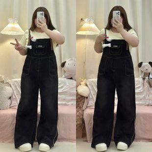女装 女胖mm梨型遮胯学院风黑色显瘦连体裤 美式 牛仔背带裤 工装 大码