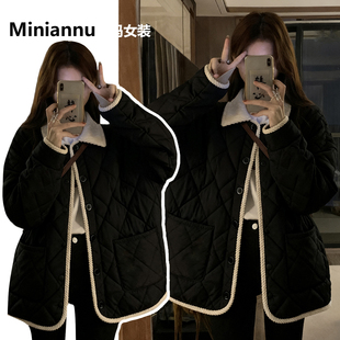 加厚保暖慵懒风羽绒棉服 黑色菱格拼接夹棉外套女冬季 胖mm大码 女装