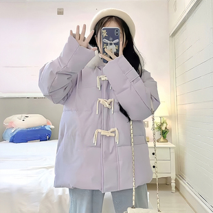 加厚保暖学院风百搭宽松外套 胖mm紫色牛角扣棉服女冬季 特大码 女装