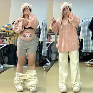 女装 子宽松bf慵懒风阔腿裤 米白色直筒牛仔裤 胖mm裤 女2025新款 大码