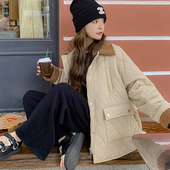 胖mm韩版 300斤大码 学院风休闲拼接棉衣外套女保暖菱形格棉服女