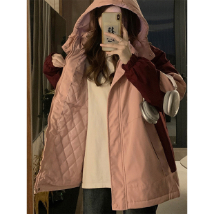 加厚派克服粉色保暖外套女 夹棉棉服女春秋新款 300斤大码 胖mm美式