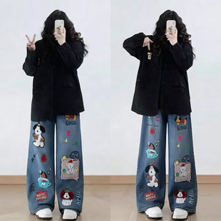 子 女梨型身材遮肉显瘦长裤 特大码 胖mm韩系卡通刺绣蓝色阔腿牛仔裤