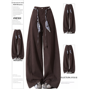 辣妹风设计感百搭显瘦长裤 胖mm特大码 女秋季 复古弯刀牛仔裤 子 美式