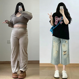 胖mm大码女装复古做旧破洞七分牛仔裤子女款夏季高腰宽松阔腿短裤