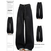 女装 高级感黑色牛仔裤 女胖mm美式 300斤大码 小众重工烫钻阔腿裤 子