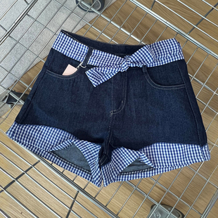 子 特大码 女装 格子蝴蝶结拼接蓝色阔腿牛仔短裤 女胖mm显瘦a字热裤