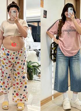 胖mm大码女装蓝色水洗七分牛仔裤女高腰宽松遮肉梨型身材阔腿裤子