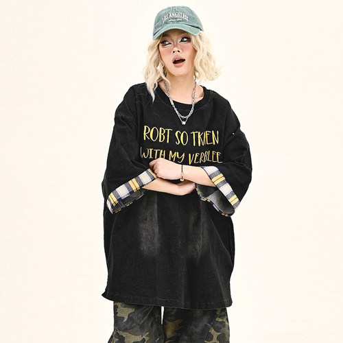 胖mm特大码设计感格子拼接t恤女