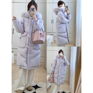 特大码女装胖mm紫色牛角扣棉服女加厚长款过膝设计感保暖大衣外套